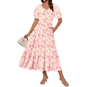 imageGRACE KARIN 2025 Womens Summer Floral Flowy A Line Midi Dresses Elegant Short Sleeve Smocked VNeck Tiered DressesPink