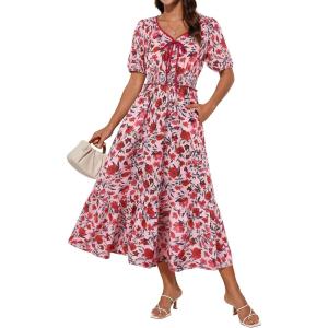 imageGRACE KARIN 2025 Womens Summer Floral Flowy A Line Midi Dresses Elegant Short Sleeve Smocked VNeck Tiered DressesPink Red
