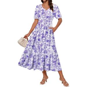 imageGRACE KARIN 2025 Womens Summer Floral Flowy A Line Midi Dresses Elegant Short Sleeve Smocked VNeck Tiered DressesPurple