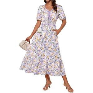 imageGRACE KARIN 2025 Womens Summer Floral Flowy A Line Midi Dresses Elegant Short Sleeve Smocked VNeck Tiered DressesPurple Orange