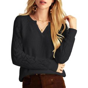 imageGRACE KARIN V Neck Sweater for Women Crochet Pullover Sweater Tops Cable Knit Sleeve Sweaters Spring Summer Fashion 2025Black