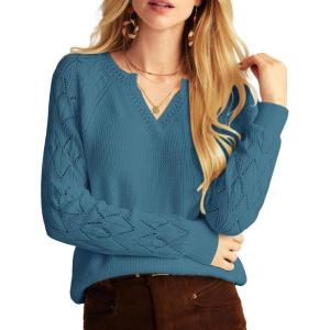 imageGRACE KARIN V Neck Sweater for Women Crochet Pullover Sweater Tops Cable Knit Sleeve Sweaters Spring Summer Fashion 2025Blue