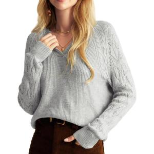 imageGRACE KARIN V Neck Sweater for Women Crochet Pullover Sweater Tops Cable Knit Sleeve Sweaters Spring Summer Fashion 2025Heather Grey