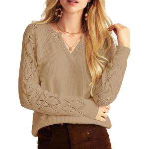 imageGRACE KARIN V Neck Sweater for Women Crochet Pullover Sweater Tops Cable Knit Sleeve Sweaters Spring Summer Fashion 2025Khaki