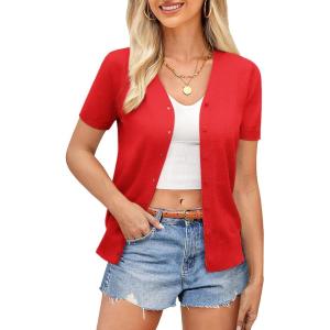 imageGRACE KARIN Womens 2025 Basic Summer Short Sleeve Cardigan Sweaters Lightweight VNeck Button Down Cropped Shrug Sweater TopsShort Sleeve Red
