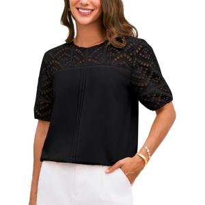 imageGRACE KARIN Womens 2025 Casual Tops Short Sleeve Eyelet Embroidered Summer Trendy Shirts Crewneck Crochet BlousesBlack