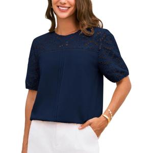 imageGRACE KARIN Womens 2025 Casual Tops Short Sleeve Eyelet Embroidered Summer Trendy Shirts Crewneck Crochet BlousesNavy