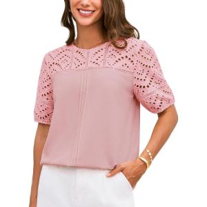 imageGRACE KARIN Womens 2025 Casual Tops Short Sleeve Eyelet Embroidered Summer Trendy Shirts Crewneck Crochet BlousesPink