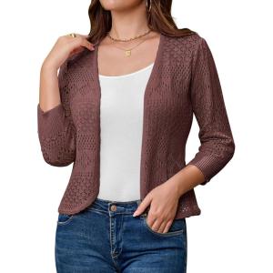 imageGRACE KARIN Womens 34 Sleeve Open Front Cropped Cardigan Summer Lightweight Hollow Out Knit ShrugDark Pink