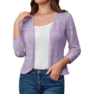 imageGRACE KARIN Womens 34 Sleeve Open Front Cropped Cardigan Summer Lightweight Hollow Out Knit ShrugPink Purple