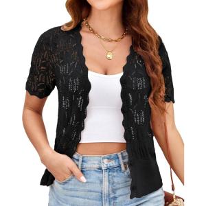 imageGRACE KARIN Womens Summer Short Sleeve Lightweight Cardigan V Neck Hollow Out Sweater 2025 Trendy Button Down Knit TopsBlack