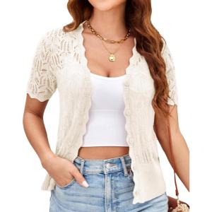 imageGRACE KARIN Womens Summer Short Sleeve Lightweight Cardigan V Neck Hollow Out Sweater 2025 Trendy Button Down Knit TopsIvory White