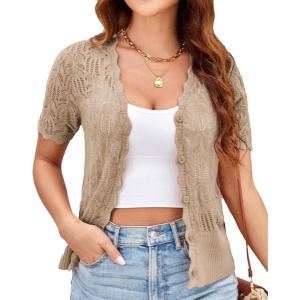 imageGRACE KARIN Womens Summer Short Sleeve Lightweight Cardigan V Neck Hollow Out Sweater 2025 Trendy Button Down Knit TopsKhaki
