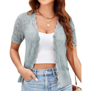 imageGRACE KARIN Womens Summer Short Sleeve Lightweight Cardigan V Neck Hollow Out Sweater 2025 Trendy Button Down Knit TopsLight Grey