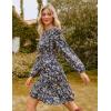 imageGRACE KARIN 2025 Womens Long Sleeve Henley VNeck Smocked Waist Floral Mini Tiered A Line Dresses with PocketsNavy Brown