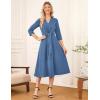 imageGRACE KARIN 2025 Womens V Neck 34 Sleeve Tie Waist Business Work A Line Midi DressGray Blue