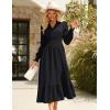 imageGRACE KARIN Womens Puff Long Sleeve V Neck Smocked Maxi Dress Tiered Aline Spring Fall Flowy Long Dress with PocketsBlack