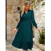 imageGRACE KARIN Womens Puff Long Sleeve V Neck Smocked Maxi Dress Tiered Aline Spring Fall Flowy Long Dress with PocketsBlue Green