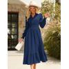 imageGRACE KARIN Womens Puff Long Sleeve V Neck Smocked Maxi Dress Tiered Aline Spring Fall Flowy Long Dress with PocketsNavy