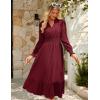 imageGRACE KARIN Womens Puff Long Sleeve V Neck Smocked Maxi Dress Tiered Aline Spring Fall Flowy Long Dress with PocketsWine Red