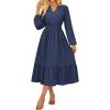 imageGRACE KARIN 2025 Womens Long Sleeve Henley VNeck Midi Dresses Smocked Tiered Flowy A Line DressesNavy Blue