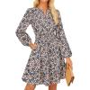 imageGRACE KARIN 2025 Womens Long Sleeve Henley VNeck Smocked Waist Floral Mini Tiered A Line Dresses with PocketsBrown Blue