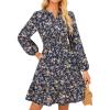 imageGRACE KARIN 2025 Womens Long Sleeve Henley VNeck Smocked Waist Floral Mini Tiered A Line Dresses with PocketsNavy Brown