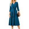 imageGRACE KARIN 2025 Womens V Neck 34 Sleeve Tie Waist Business Work A Line Midi DressPeacock Blue