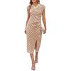 imageGRACE KARIN Womens Casual Summer Dresses Striped Polo V Neck Cap Sleeve Side Slit Ruched Bodycon Stretch Midi DressesMineral Red