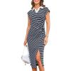 imageGRACE KARIN Womens Casual Summer Dresses Striped Polo V Neck Cap Sleeve Side Slit Ruched Bodycon Stretch Midi DressesNavy