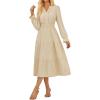 imageGRACE KARIN Womens Casual V Neck Lantern Long Sleeve Ruffle Smocked Waist Tiered Midi A Line Dress with PocketsApricot