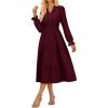 imageGRACE KARIN Womens Casual V Neck Lantern Long Sleeve Ruffle Smocked Waist Tiered Midi A Line Dress with PocketsWine Red