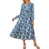 imageWomens Floral Dress for Women 2025 Fall Midi Dress Casual Long Sleeve V Neck A Line Flowy Shirt Dresses with PocketBlue With White Floral