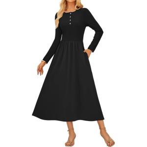 imageGRACE KARIN 2025 Fall Womens Long Sleeve Midi Dresses Patchwork Ribbed Knit Button Casual Flowy Dresses Pockets DailyBlack