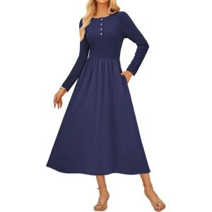 imageGRACE KARIN 2025 Fall Womens Long Sleeve Midi Dresses Patchwork Ribbed Knit Button Casual Flowy Dresses Pockets DailyNavy