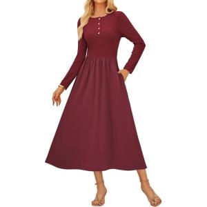 imageGRACE KARIN 2025 Fall Womens Long Sleeve Midi Dresses Patchwork Ribbed Knit Button Casual Flowy Dresses Pockets DailyWine Red