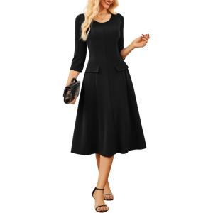 imageGRACE KARIN 2025 Wear to Work Dress for Women A Line Midi Fit 34 Sleeve Church Round Neck Business DressesBlack