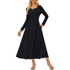 imageGRACE KARIN 2025 Womens Casual Long Sleeve Solid Flowy Flared A Line Maxi Dresses with PocketsBlack