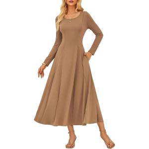 imageGRACE KARIN 2025 Womens Casual Long Sleeve Solid Flowy Flared A Line Maxi Dresses with PocketsKhaki