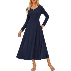 imageGRACE KARIN 2025 Womens Casual Long Sleeve Solid Flowy Flared A Line Maxi Dresses with PocketsNavy Blue