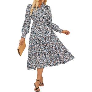imageGRACE KARIN 2025 Womens Summer Floral Midi Dress Boho Long Sleeve V Neck Ruffle Casual A Line Flowy Dresses with PocketBlue Floral