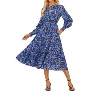 imageGRACE KARIN 2025 Womens Summer Floral Midi Dress Boho Long Sleeve V Neck Ruffle Casual A Line Flowy Dresses with PocketBlue Leopard