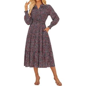 imageGRACE KARIN 2025 Womens Summer Floral Midi Dress Boho Long Sleeve V Neck Ruffle Casual A Line Flowy Dresses with PocketRed Floral