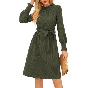 imageGRACE KARIN Fall Dresses for Women 2025 Casual Long Sleeve Crew Neck Ribbed Belted Dresses with PocketArmy Green