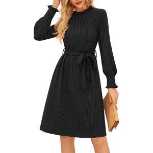 imageGRACE KARIN Fall Dresses for Women 2025 Casual Long Sleeve Crew Neck Ribbed Belted Dresses with PocketBlack