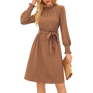imageGRACE KARIN Fall Dresses for Women 2025 Casual Long Sleeve Crew Neck Ribbed Belted Dresses with PocketBrown