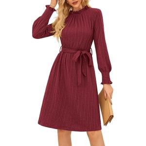 imageGRACE KARIN Fall Dresses for Women 2025 Casual Long Sleeve Crew Neck Ribbed Belted Dresses with PocketWine Red