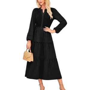 imageGRACE KARIN Long Sleeve Dress for Women 2025 Fall V Neck Tiered ALine Dress Casual Work Maxi Dresses with PocketsBlack