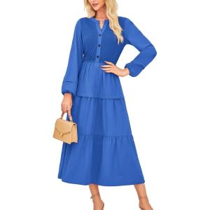 imageGRACE KARIN Long Sleeve Dress for Women 2025 Fall V Neck Tiered ALine Dress Casual Work Maxi Dresses with PocketsBlue
