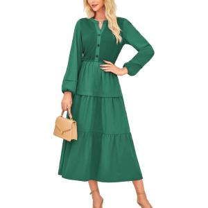 imageGRACE KARIN Long Sleeve Dress for Women 2025 Fall V Neck Tiered ALine Dress Casual Work Maxi Dresses with PocketsGreen